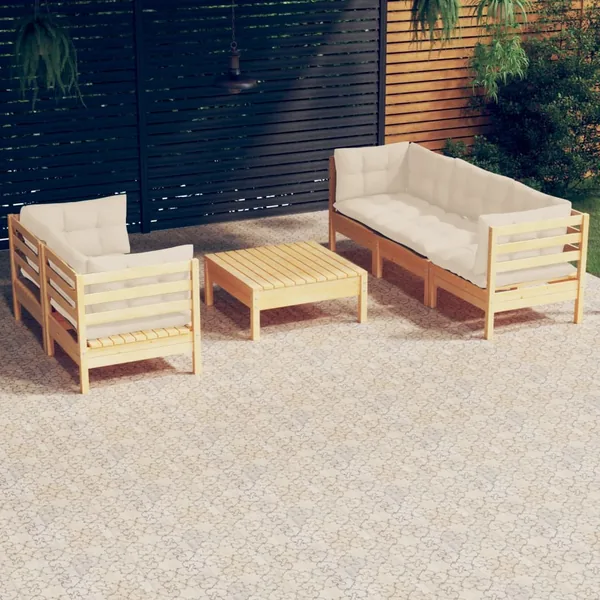 Salon de jardin 6 pcs avec coussins crème bois de pin