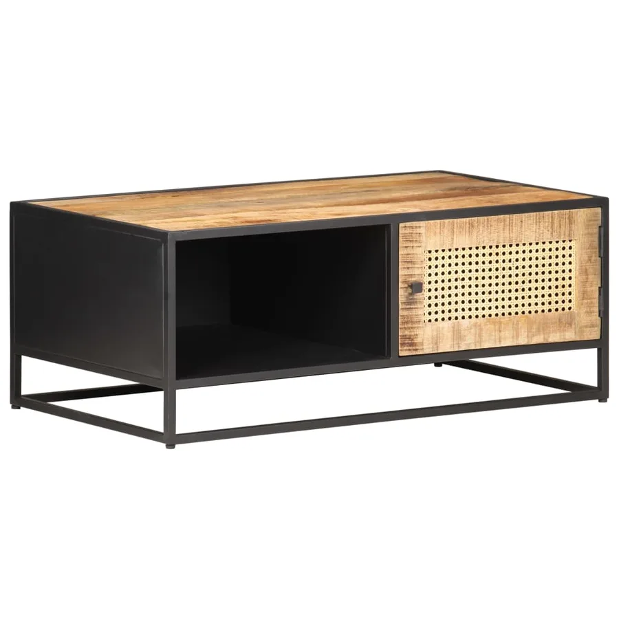 Table basse 90x50x35cm Bois de manguier brut et canne naturelle - 10