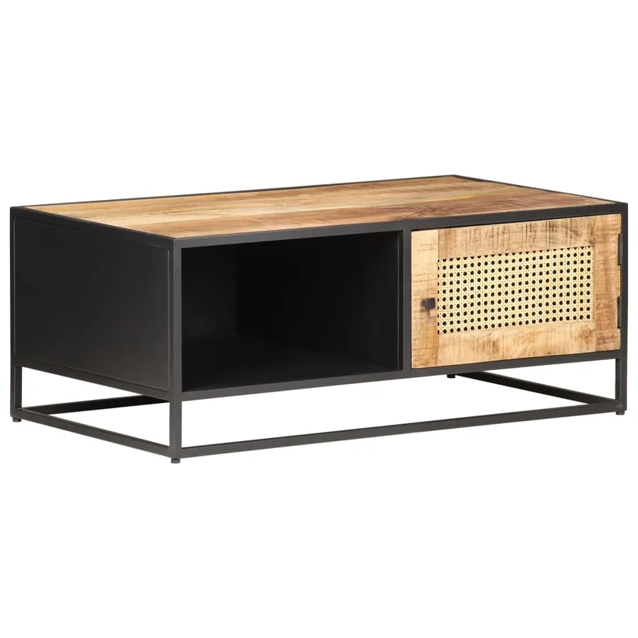 Table basse 90x50x35cm Bois de manguier brut et canne naturelle - 11