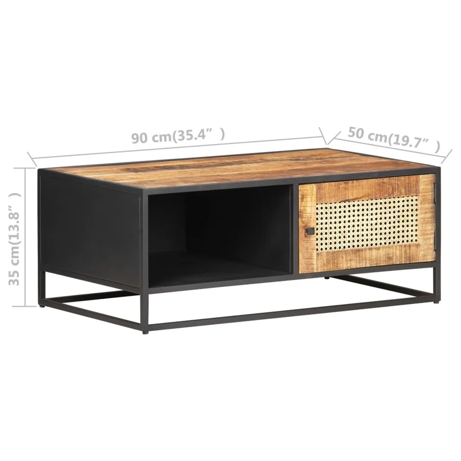 Table basse 90x50x35cm Bois de manguier brut et canne naturelle - 7