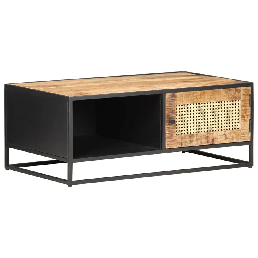 Table basse 90x50x35cm Bois de manguier brut et canne naturelle - 8