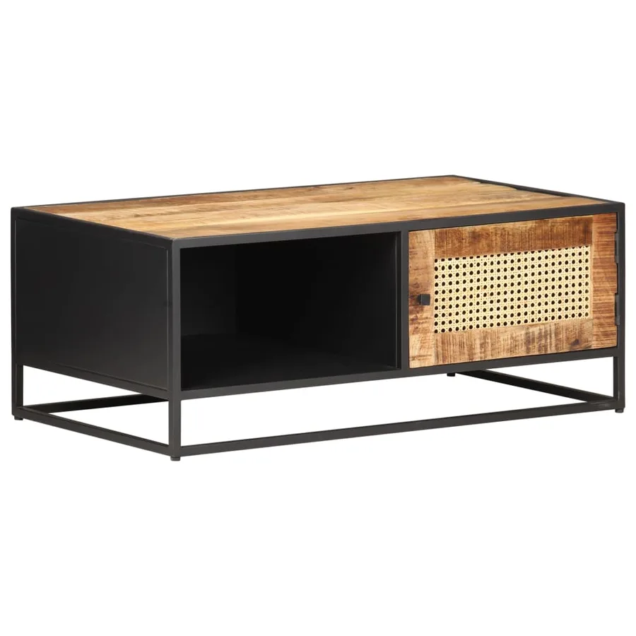 Table basse 90x50x35cm Bois de manguier brut et canne naturelle - 9