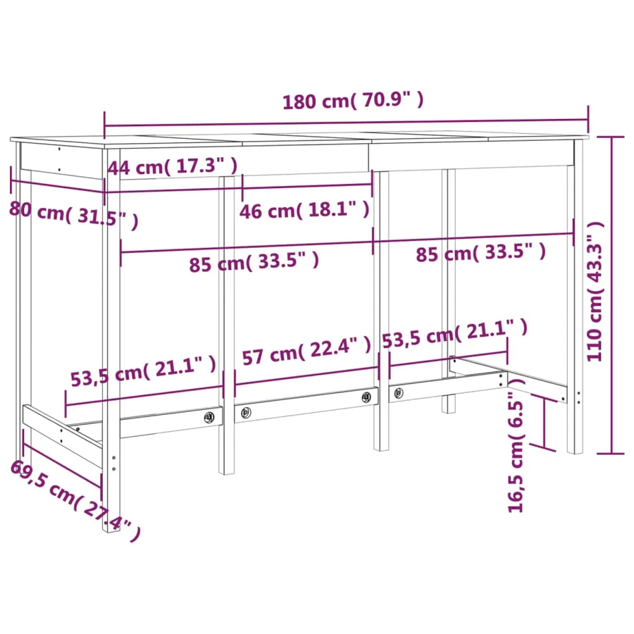 Table de bar Blanc 180x80x110 cm Bois massif de pin - 9