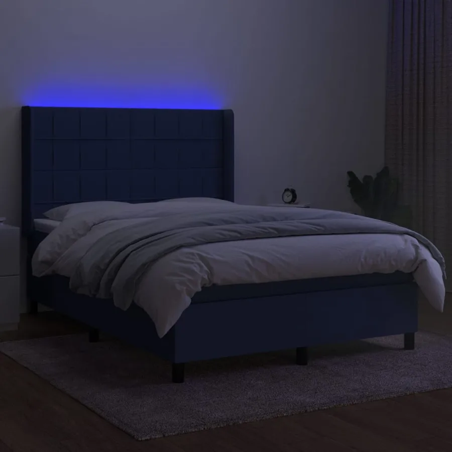 Sommier à lattes de lit matelas et LED Bleu 140x190 cm Tissu - 3