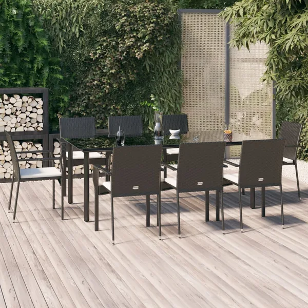 Ensemble à manger jardin 9pcs et coussins noir résine tressée