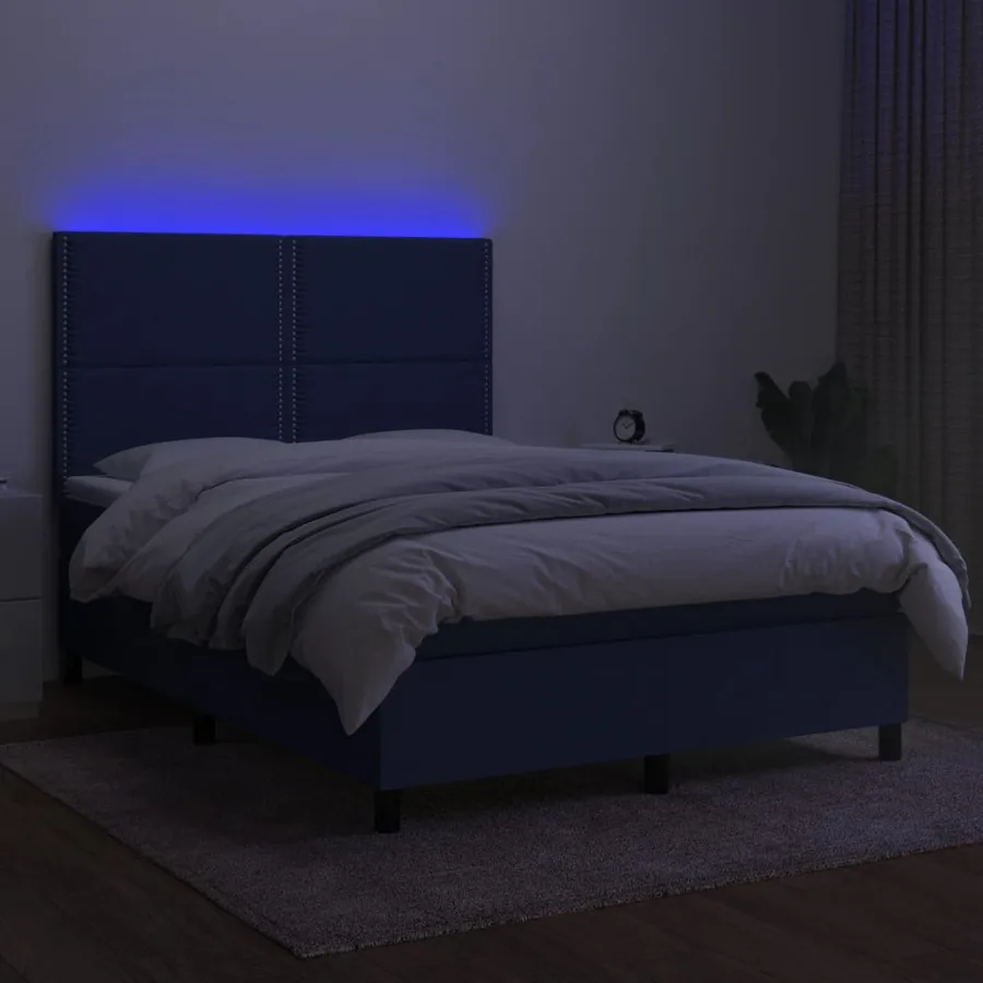 Sommier à lattes de lit et matelas et LED Bleu 140x190 cm Tissu - 4