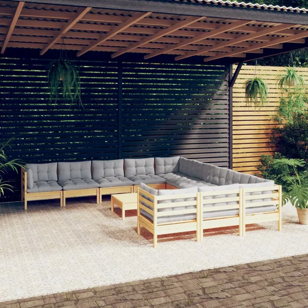 Salon de jardin 12 pcs avec coussins gris Bois de pin