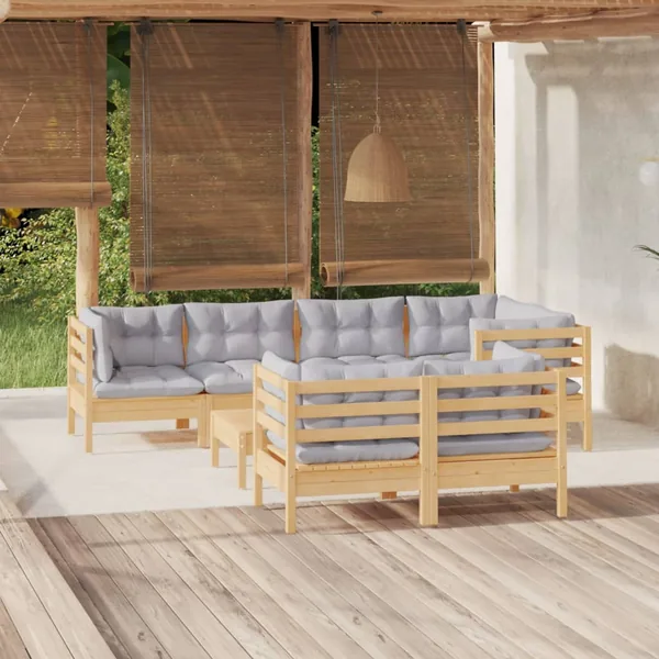 Salon de jardin 8 pcs avec coussins gris Bois de pin massif