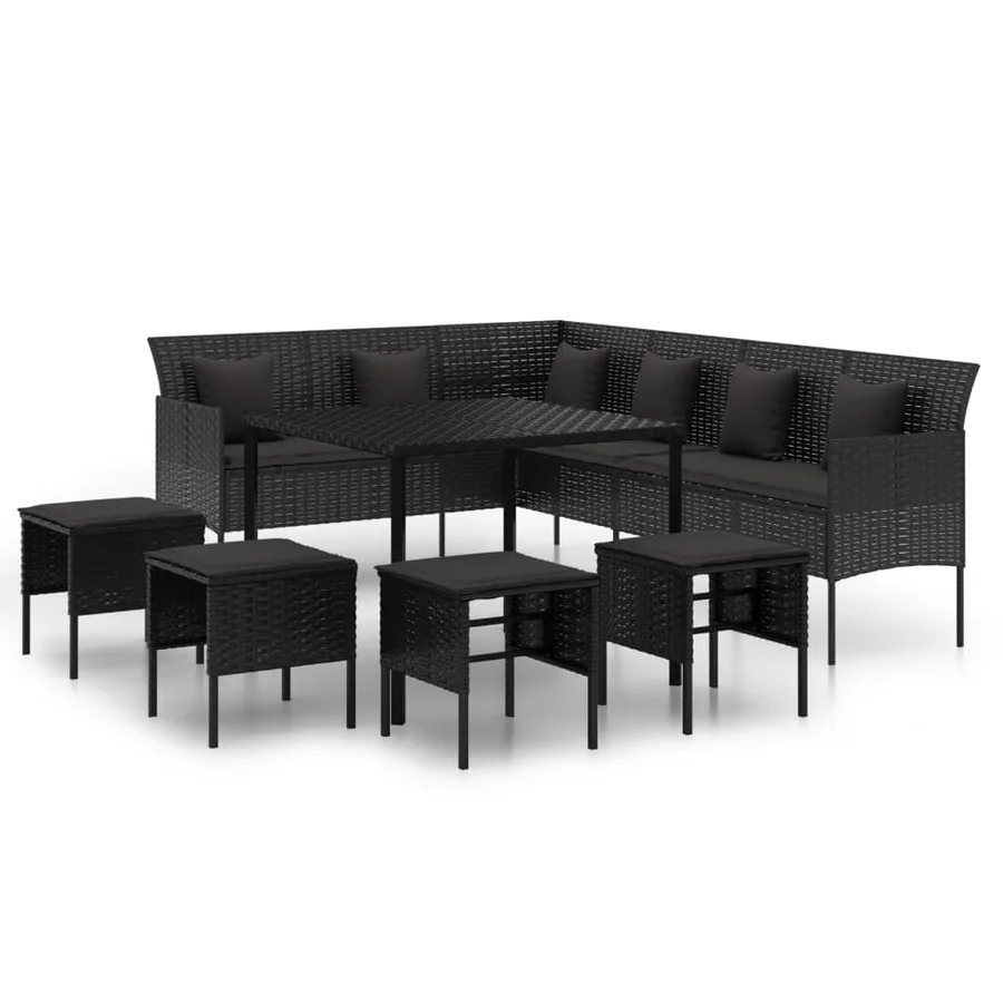 Ensemble à manger de jardin coussins 6pcs noir résine tressée - 2