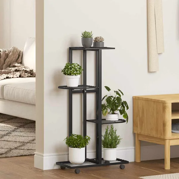 Jardinière à 4 niveaux avec roues 44x23x80 cm Noir Fer