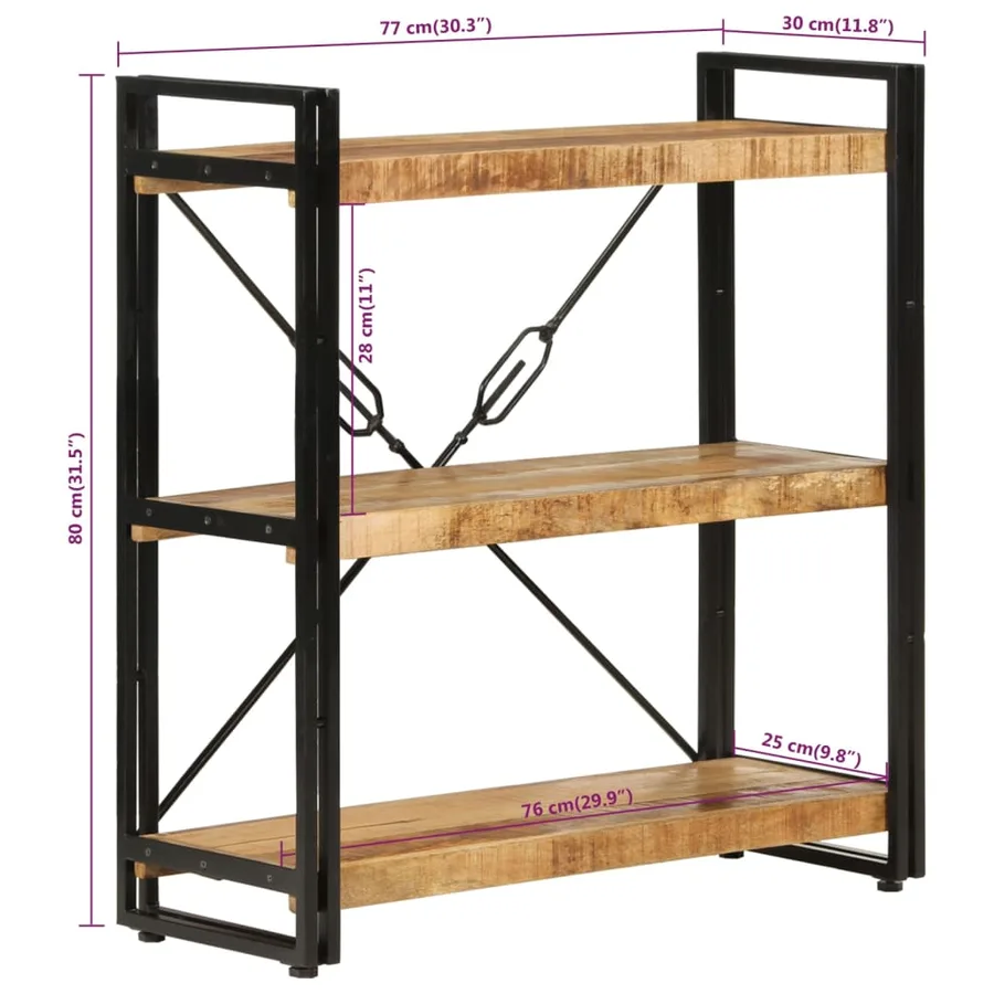 Bibliothèque 3 niveaux 77x30x80 cm bois massif manguier et fer - 6