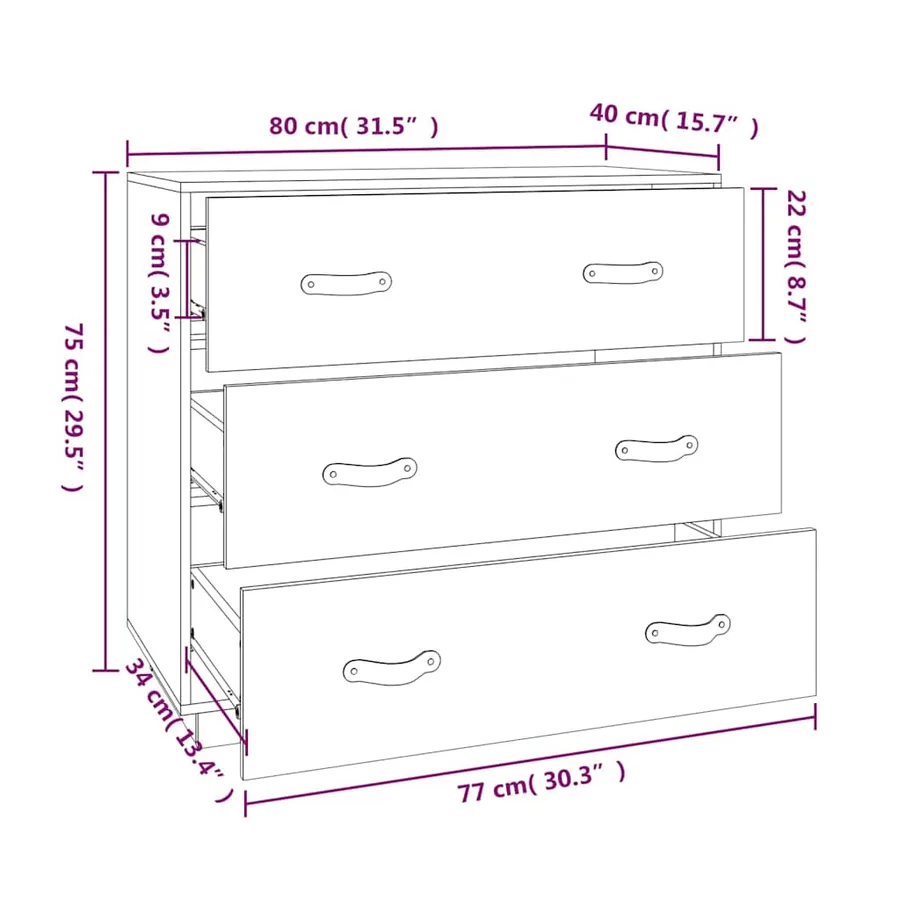 Buffet Noir 80x40x75 cm Bois massif de pin - 9