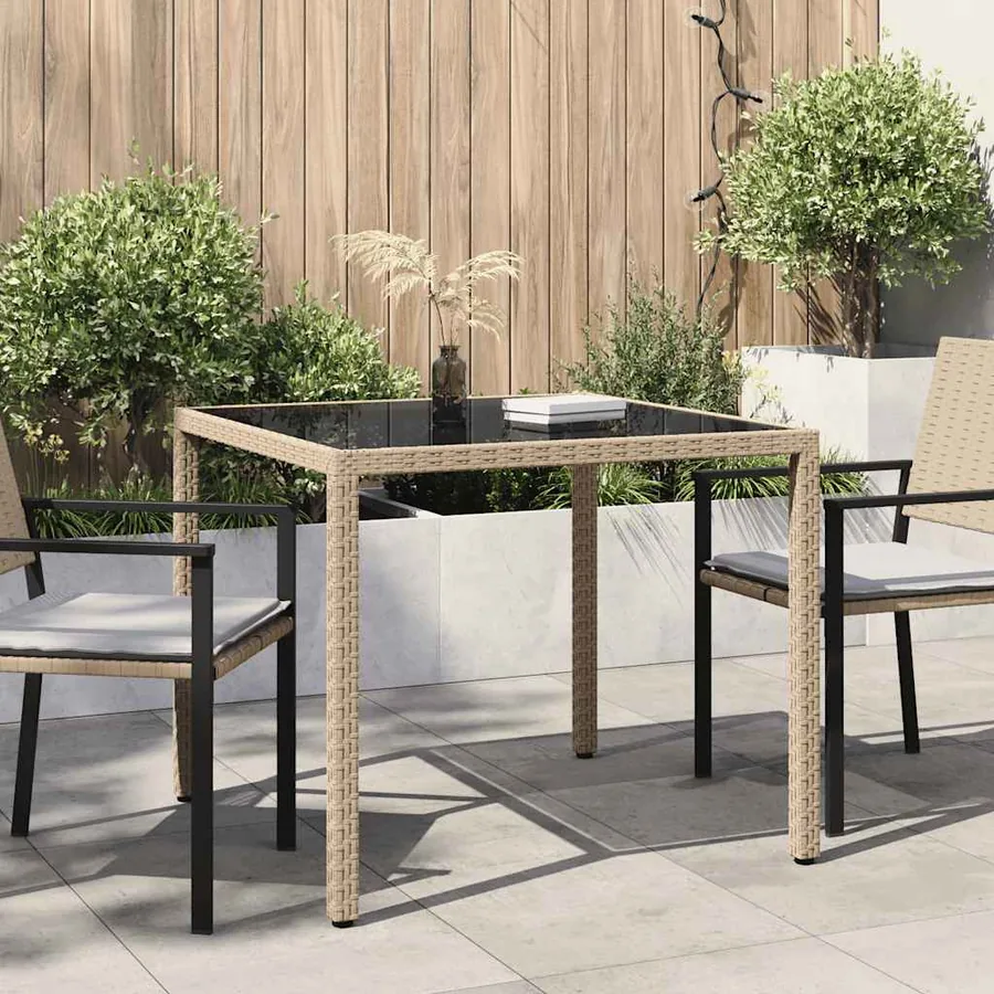 Table de jardin 90x90x75cm Verre trempé et résine tressée Beige