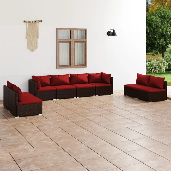 Salon de jardin 8 pcs avec coussins résine tressée marron
