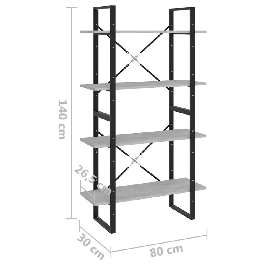 Bibliothèque à 4 niveaux gris béton 80x30x140cm bois ingénierie - 7