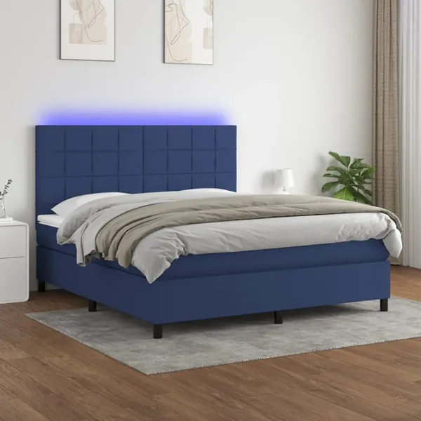 Sommier à lattes de lit et matelas et LED Bleu 160x200 cm Tissu