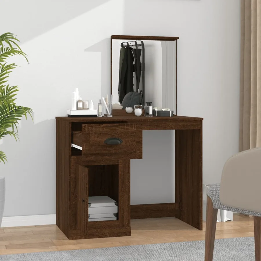 Coiffeuse et miroir chêne marron 90x50x132,5 cm bois ingénierie - 3