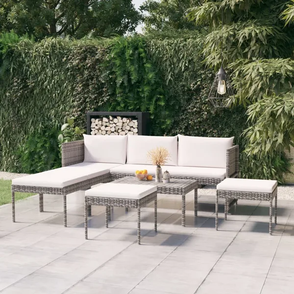 Salon de jardin 6 pcs avec coussins résine tressée gris