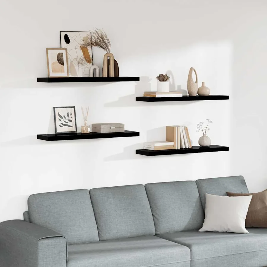 Étagère murale flottante 4 pcs Noir brillant 90x23,5x3,8 cm MDF