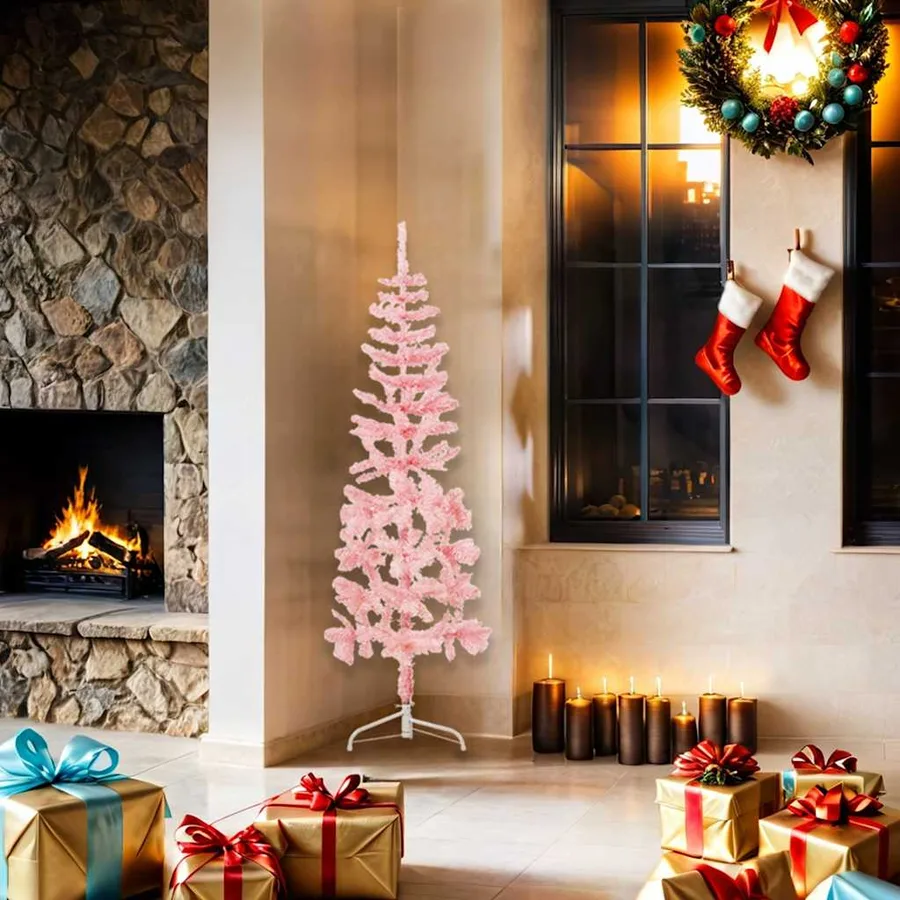 Demi sapin de Noël artificiel mince avec support Rose 150 cm - 2