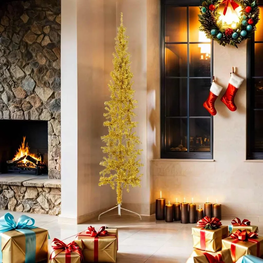 Demi sapin de Noël artificiel mince avec support Doré 180 cm - 2