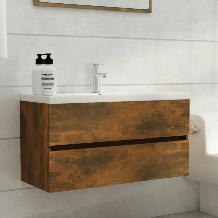 Armoire de lavabo Chêne fumé 90x38,5x45 cm Bois d'ingénierie