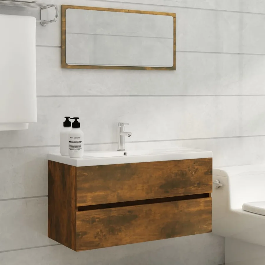Armoire de lavabo Chêne fumé 90x38,5x45 cm Bois d'ingénierie - 3