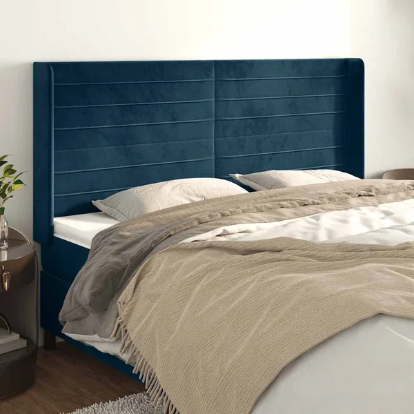Tête de lit avec oreilles Bleu foncé 203x16x118/128 cm Velours