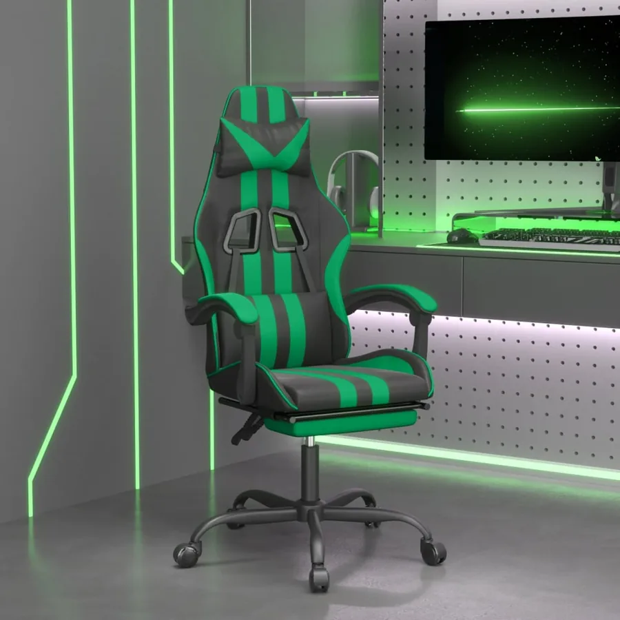 Chaise de jeu pivotante et repose-pied Noir et vert Similicuir