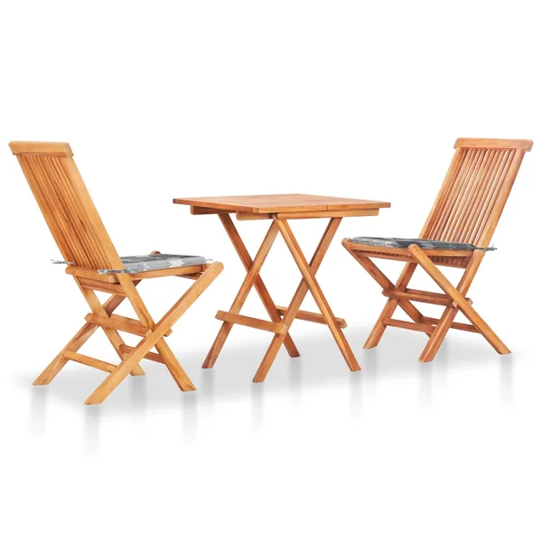 Ensemble de bistro 3 pcs avec coussins à carreaux gris Teck