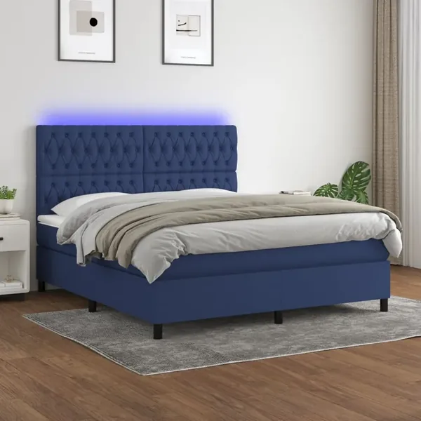 Sommier à lattes de lit et matelas et LED Bleu 160x200 cm Tissu