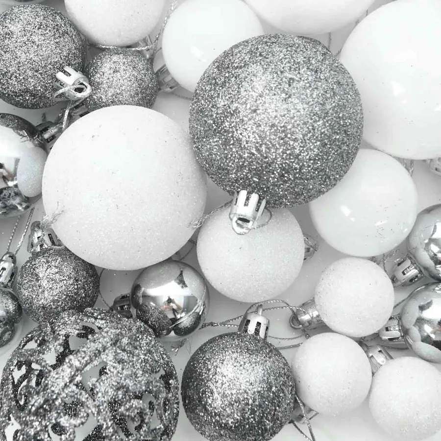 Set de boules de Noël avec pic et 300 LED 120pcs Blanc et gris - 14
