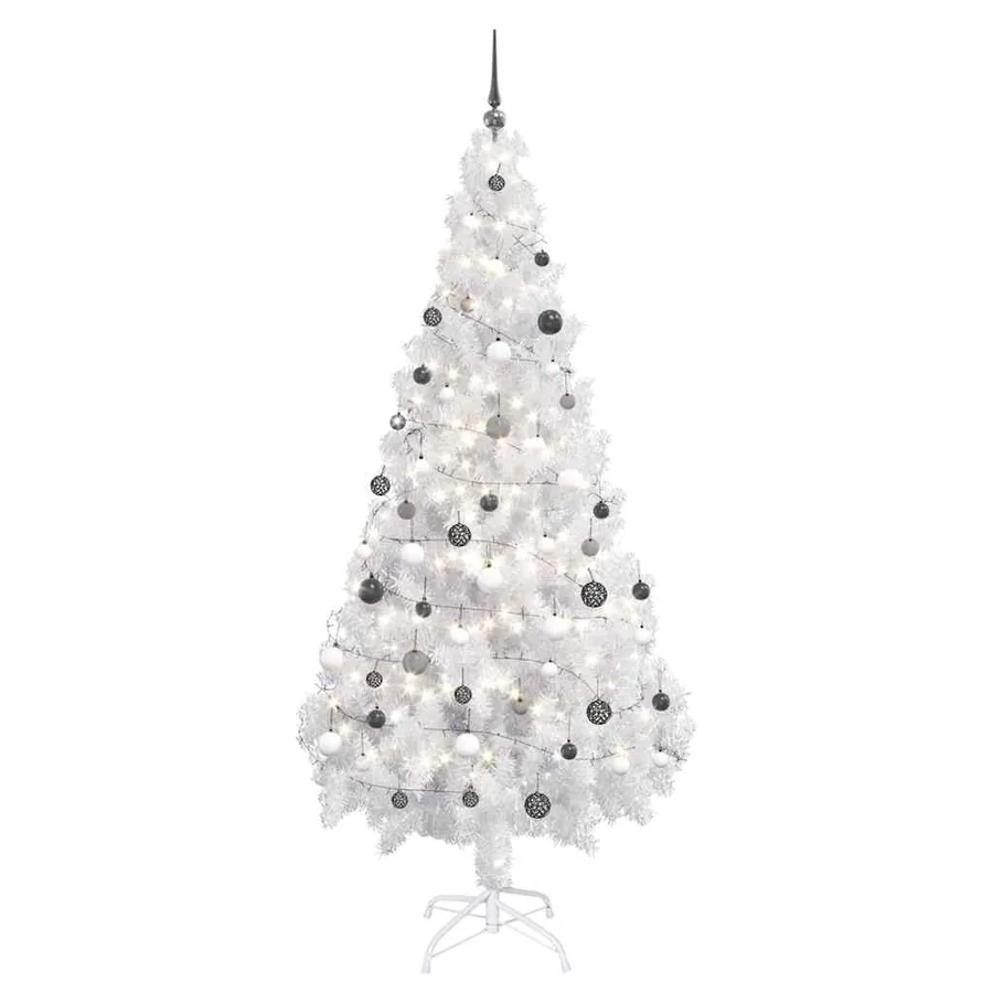 Arbre de Noël artificiel pré-éclairé et boules blanc 180 cm PVC