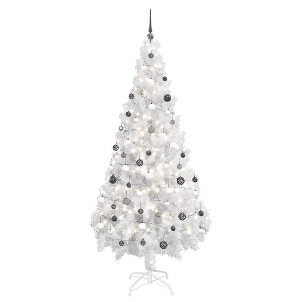 Arbre de Noël artificiel pré-éclairé et boules blanc 180 cm PVC