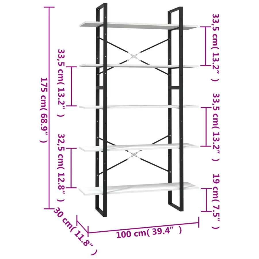 Bibliothèque à 5 niveaux Blanc 100x30x175 cm Bois de pin - 5