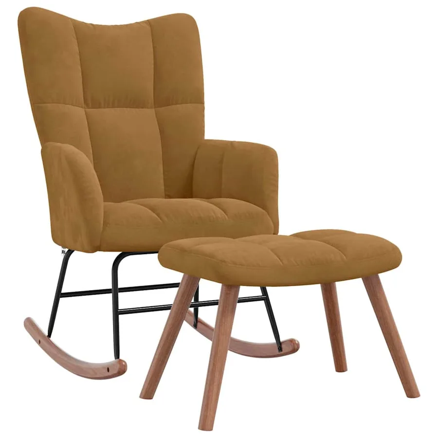 Chaise à bascule avec tabouret en velours marron - 2