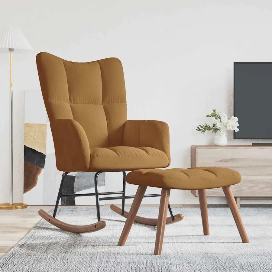 Chaise à bascule avec tabouret en velours marron - 3