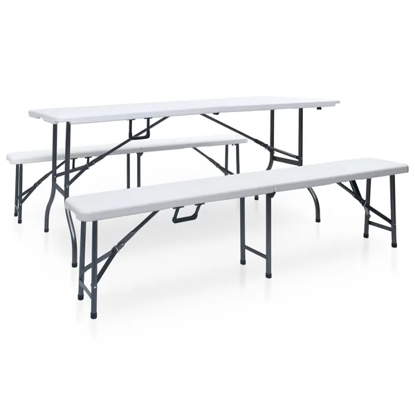 Table pliable de jardin avec 2 bancs 180 cm Acier et PEHD Blanc
