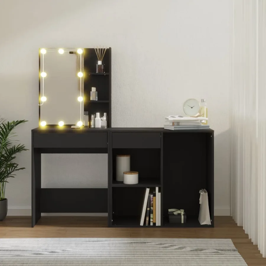 Coiffeuse à LED avec armoire noir bois d'ingénierie - 4