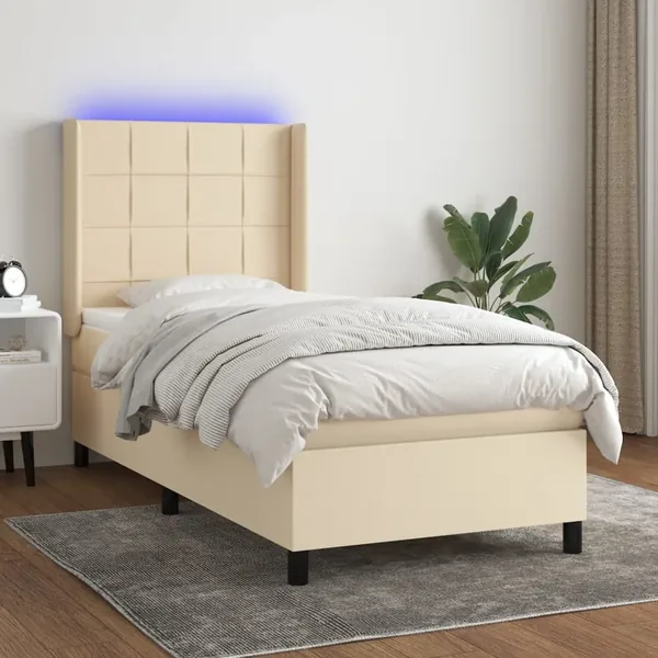 Sommier à lattes de lit matelas et LED Crème 90x200 cm Tissu