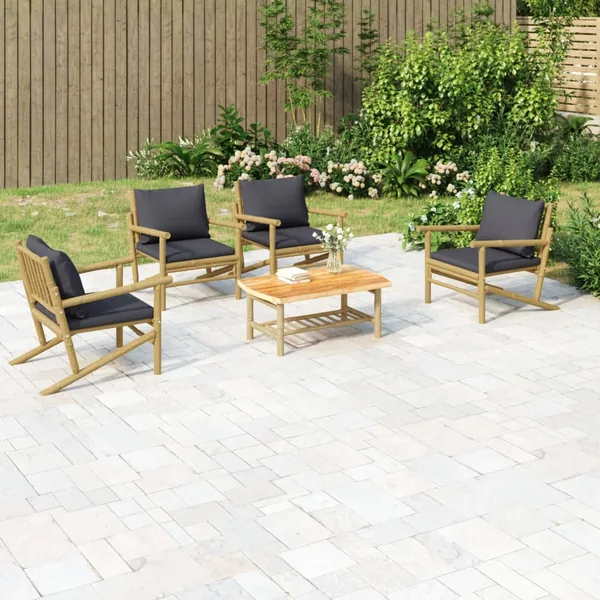 Salon de jardin 5 pcs avec coussins gris foncé bambou