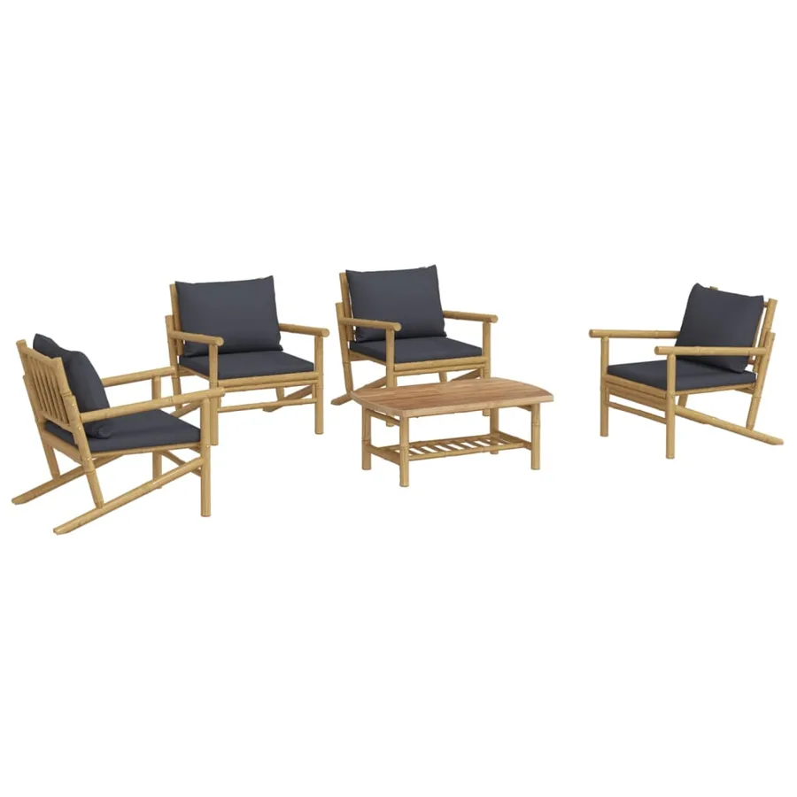 Salon de jardin 5 pcs avec coussins gris foncé bambou - 3