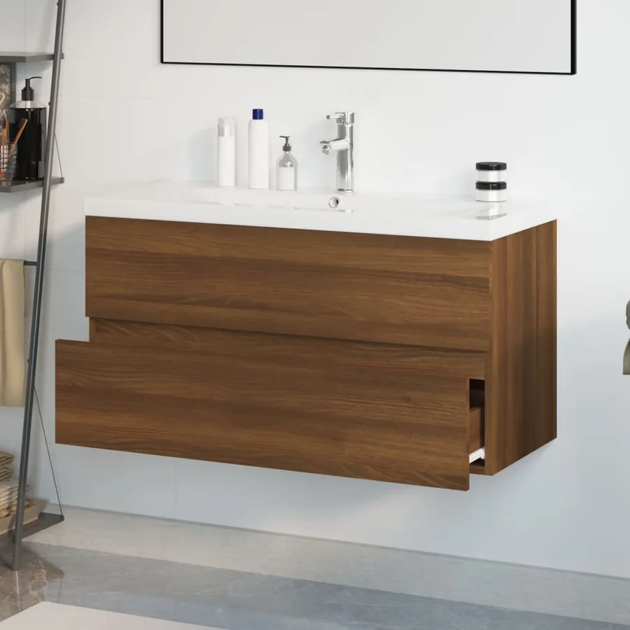 Meuble lavabo avec bassin intégré Chêne brun Bois d'ingénierie - 4