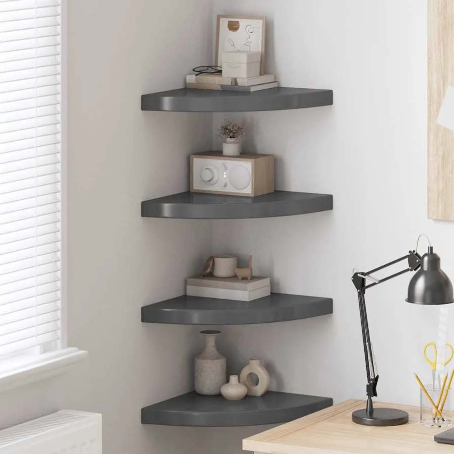 Étagères d'angle flottantes 4 pcs gris brillant 35x35x3,8cm MDF
