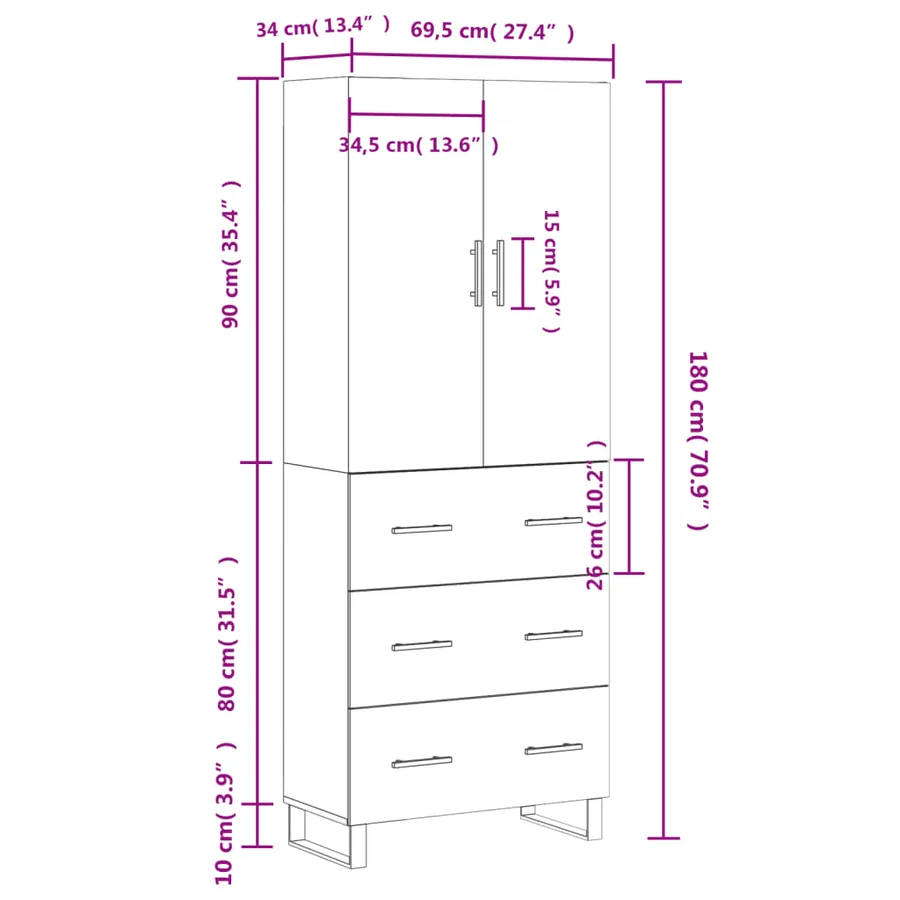 Buffet haut Gris béton 69,5x34x180 cm Bois d'ingénierie - 14