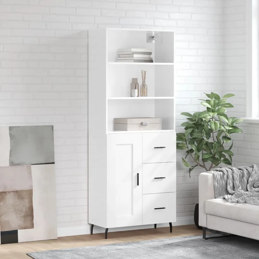 Buffet haut Blanc brillant 69,5x34x180 cm Bois d'ingénierie