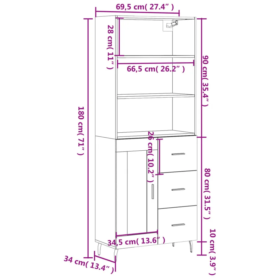 Buffet haut Blanc brillant 69,5x34x180 cm Bois d'ingénierie - 14