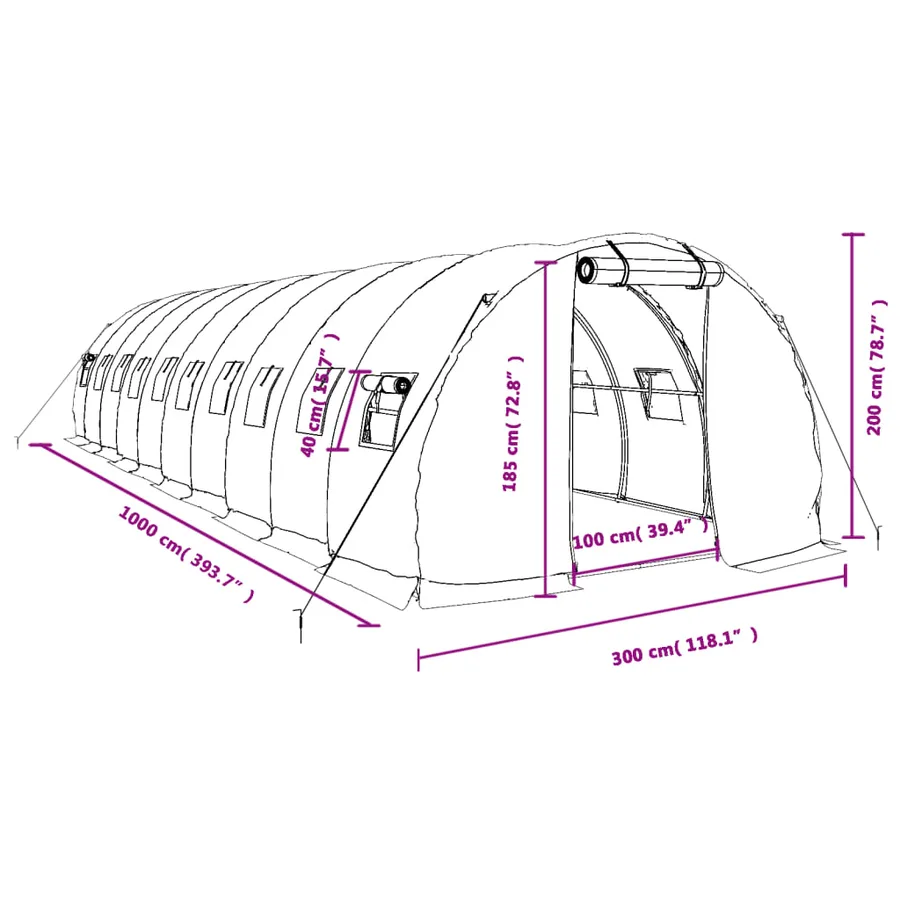 Serre avec cadre en acier vert 30 m² 10x3x2 m - 12