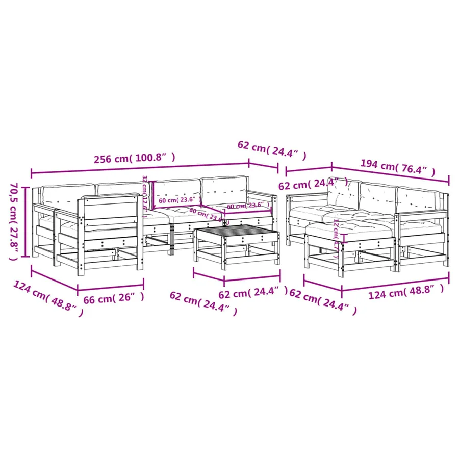 Salon de jardin 10 pcs avec coussins bois de pin imprégné - 9