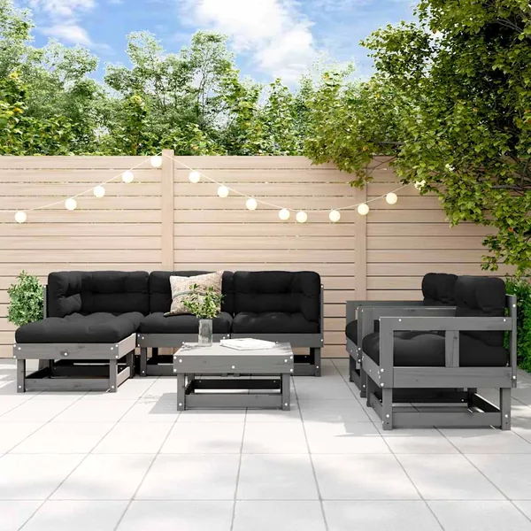 Salon de jardin 7 pcs avec coussins gris bois massif
